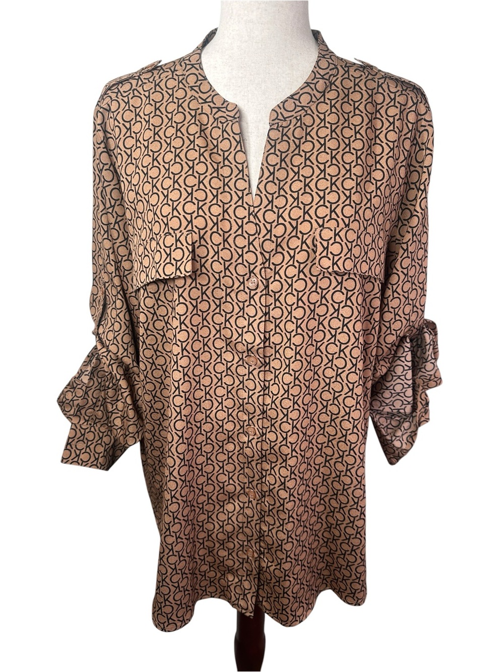 Calvin Klein XL Monogram Logo Button Front Blouse Tunic Roll Tab Sleeve